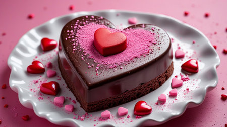 A beautifully crafted heart-shaped chocolate cake sits elegantly on a white plate. The cake is adorned with a dusting of pink sugar sprinkles and a single red heart-shaped decoration on top. Surrounding the cake are scattered red and pink heart-shaped candies, adding a festive touch. The soft pink background enhances the romantic and celebratory atmosphere, making it perfect for a special occasion.の素材
