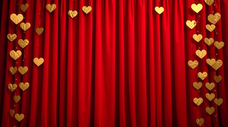 The image features a rich red curtain adorned with golden heart-shaped decorations hanging from both sides. The hearts are evenly spaced and add a festive and romantic touch to the scene. The curtain itself has a smooth texture and is the central focus of the image.の素材