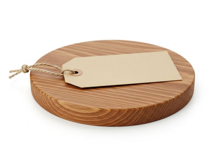 Wooden round cutting board with tag isolated on white backgroundの素材