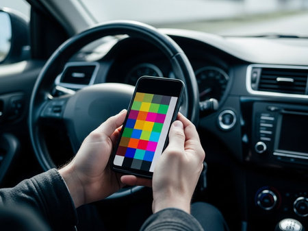 Person playing game on smartphone in carの素材