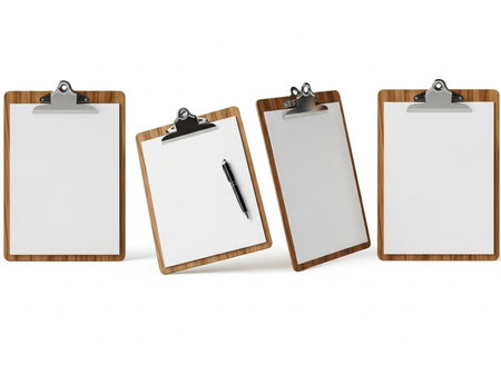 Four clipboards with paper and penの素材