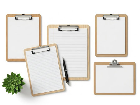 Collection of wooden clipboards with blank paperの素材