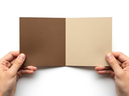 Hands holding two different shades of cardboardの素材