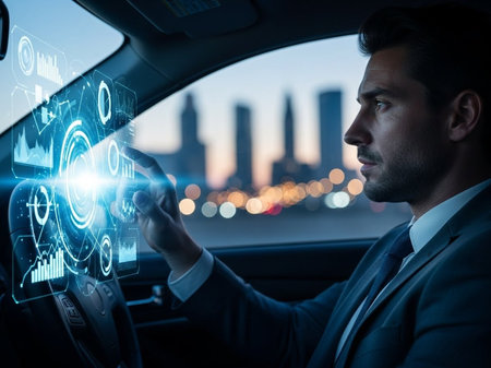 Man interacting with advanced car dashboardの素材
