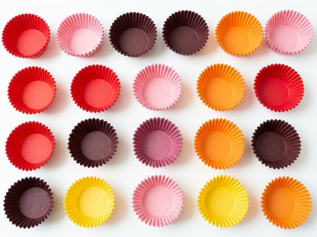 Colorful cupcake liners arranged in gridの素材