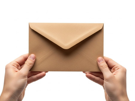 Hands holding brown envelopeの素材