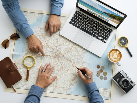 Planning a journey with modern and traditional toolsの素材