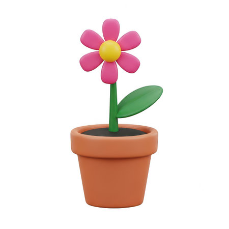 A 3D rendered image of a vibrant pink flower with a yellow center, standing tall in a brown clay pot with a single green leaf. The flower and pot are set against a plain white background, creating a simple yet charming scene.の素材
