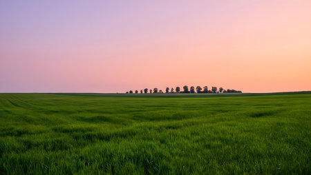 A tranquil scene unfolds as a vibrant sunset paints the sky in hues of pink and orange above a lush, expansive green field. A line of silhouetted structures stands in the distance.の素材