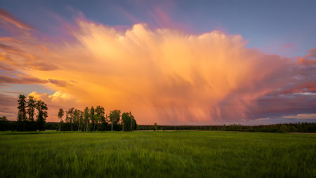 A vibrant sunset paints the sky with fiery orange and pink clouds, casting a warm glow over a lush green field. Silhouetted trees stand against the colorful horizon.の素材