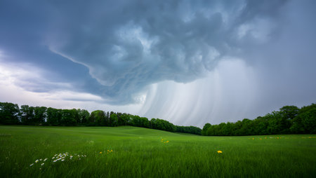 A vast expanse of vibrant green grass stretches towards a dense line of trees. Above, turbulent storm clouds unleash a torrent of rain, creating a dramatic and moody atmosphere.の素材