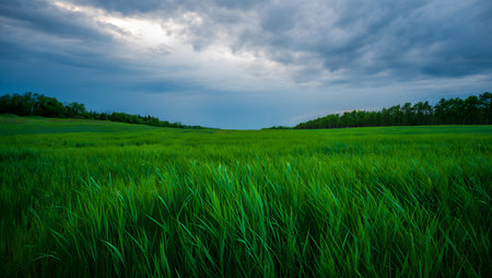 A vast, vibrant green field stretches towards a dramatic sky filled with dark, brooding clouds. Sunlight breaks through, illuminating the lush grass and distant treeline.の素材