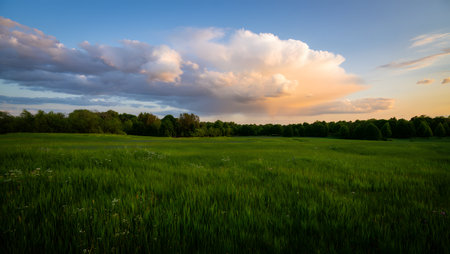 A breathtaking sunset paints the sky with warm hues, casting a golden glow on dramatic clouds. Below, a lush green field stretches towards a dense treeline under a dynamic sky.の素材