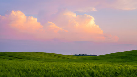 Vast, undulating green hills stretch towards the horizon, bathed in the soft light of a sunset. The sky above is a canvas of pastel colors, with large, fluffy clouds tinged with pink and purple.の素材