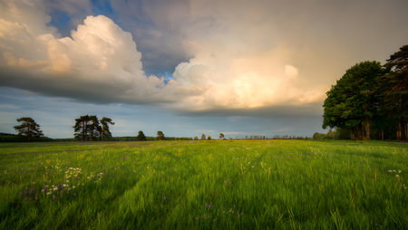 A vast, vibrant green field stretches towards a horizon dotted with trees. Above, dramatic storm clouds are illuminated by a soft, golden light, creating a powerful and atmospheric landscape.の素材