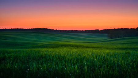 A breathtaking landscape featuring undulating green fields under a dramatic sky painted with warm orange and purple hues during the golden hour.の素材