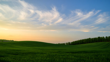 A serene landscape featuring lush green rolling hills bathed in the warm glow of a sunset. The sky is a canvas of soft colors with delicate, wispy clouds.の素材