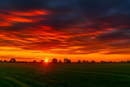 A breathtaking sunset paints the sky with fiery hues of orange and red, casting a warm glow over a distant line of silhouetted trees and a vast, dark green field.の素材
