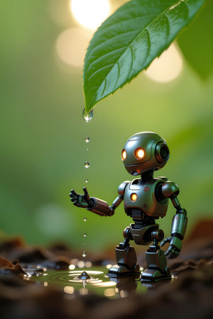 A miniature metallic robot with glowing eyes stands in shallow water, reaching out to catch falling raindrops from a large green leaf above. The background is softly blurred.の素材