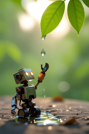 A small, intricate robot sits on a textured surface, reaching up to catch a single, glistening water droplet falling from a vibrant green leaf above.の素材
