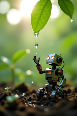 A small, intricate robot stands in rich soil, reaching up to catch falling water droplets from a vibrant green leaf. The scene evokes a sense of care and the fusion of technology with nature.の素材