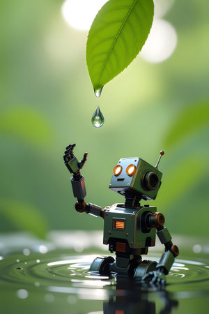 A small, detailed robot stands in shallow water, reaching up as a clear water droplet descends from a vibrant green leaf above, creating ripples.の素材