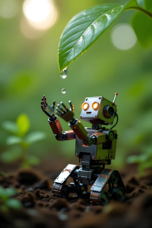 A small, metallic robot with a friendly face sits in the dirt, its hands cupped to catch a drop of water falling from a vibrant green leaf above.の素材