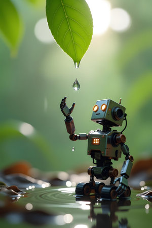 A small, detailed robot with glowing eyes reaches up to catch falling water droplets from a large green leaf. The scene is set in a shallow pool of water surrounded by nature.の素材