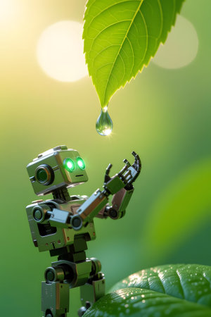 A miniature robot with glowing green eyes extends its arms to catch a single water droplet falling from a large, fresh green leaf. The scene is bathed in soft, warm sunlight, suggesting a harmonious blend of technology and nature.の素材
