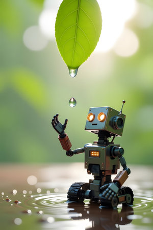 A small, weathered robot sits on a wet surface, its hand outstretched to catch a falling water droplet from a vibrant green leaf above. Soft bokeh background.の素材