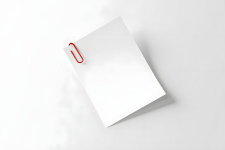 Minimalist white paper sheet held together by a single rose gold paperclip on a white backgroundの素材