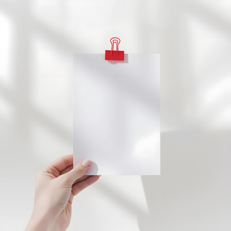 Hand holding blank white paper with a bright red binder clip against a softly shadowed wallの素材
