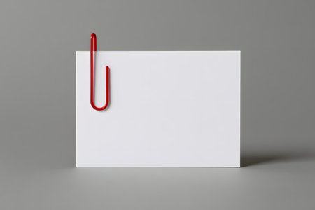 A single red paperclip attached to a blank white square note card on a gray backgroundの素材