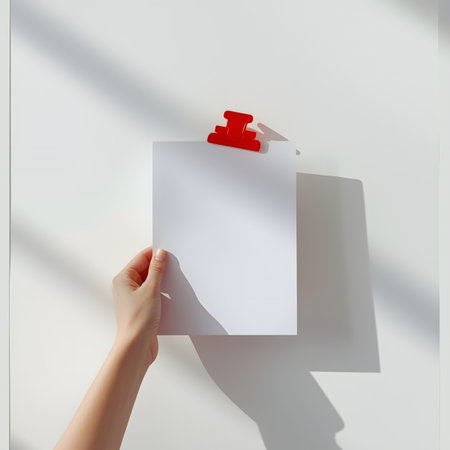 Hand holding blank white paper attached to a wall with a bright red clip casting shadowsの素材