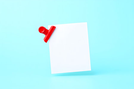 Bright red binder clip secures a blank white note card against a vibrant blue backgroundの素材