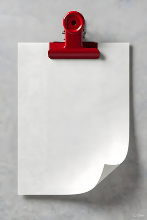 Bright red binder clip securing a blank white paper note on a textured gray surfaceの素材