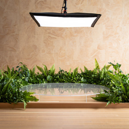 A rectangular LED grow light hangs above a vibrant display of green foliage. The plants are arranged in a semi-circle on a textured surface, with a wooden plank in the foreground.の素材
