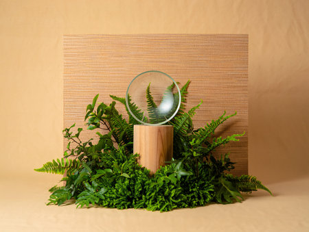 A naturalistic arrangement featuring lush green foliage surrounding a wooden cylinder topped with a clear orb. A textured, woven panel forms the backdrop, creating a serene and organic composition.の素材