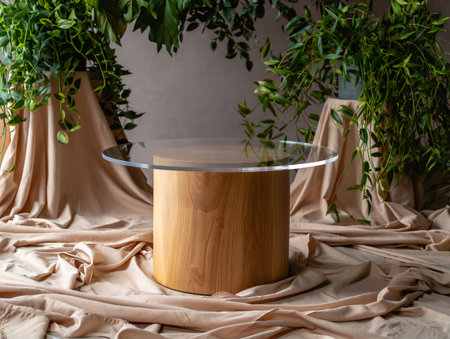 A beautiful wedding cake stand featuring a natural wood base and a clear glass top, adorned with cascading greenery and draped fabric.の素材