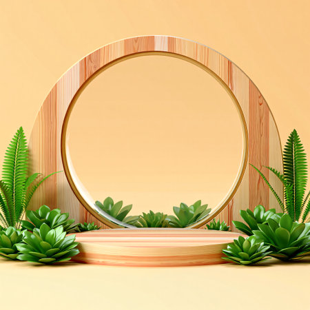 A warm, inviting scene featuring a rustic wooden arch framing a circular display platform. Surrounded by vibrant green plants, it creates a natural, organic aesthetic perfect for showcasing products.の素材