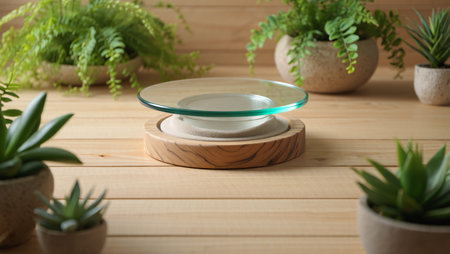 A clear glass dish rests on a rustic wooden base, artfully arranged amidst a collection of vibrant green potted plants, creating a serene and natural aesthetic.の素材
