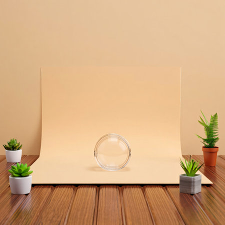 A clean, minimalist studio scene featuring a blank cardboard backdrop, a wooden surface, and several small potted succulents arranged symmetrically for a product display.の素材