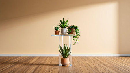 Several potted indoor plants, including succulents and a snake plant, are arranged on a transparent pedestal. The scene is illuminated by soft sunlight casting shadows on a neutral-toned wall.の素材
