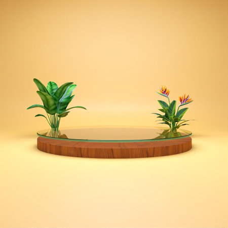 A minimalist, curved display platform resembling a terrarium base, adorned with vibrant green plants and small, colorful flowers, set against a soft, gradient orange backdrop.の素材