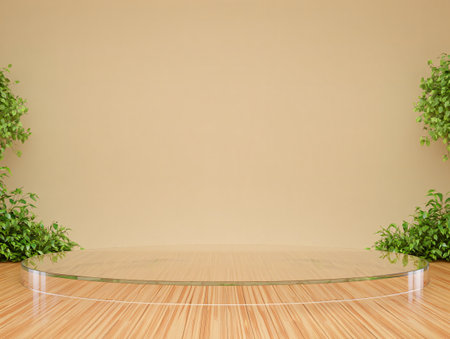 A clean, modern stage with a clear acrylic platform on a wooden floor, framed by lush green plants against a soft, warm beige wall, ideal for product showcasing.の素材