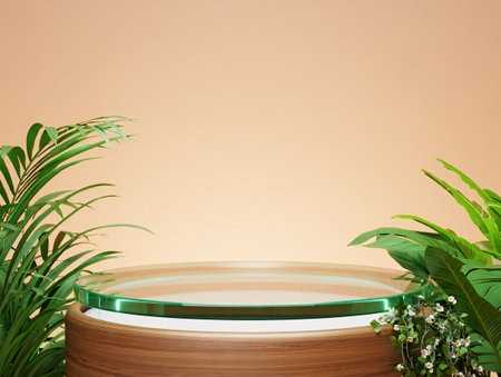 A clean, modern pedestal with a reflective surface and illuminated edge, framed by vibrant green palm leaves against a soft peach background.の素材