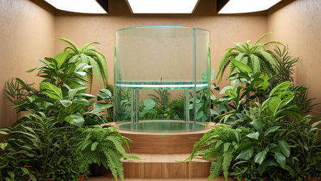 A serene spa room features a modern glass steam shower as the centerpiece, framed by vibrant green ferns and tropical plants, creating a tranquil oasis.の素材