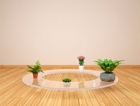 A clean, modern room features a circular glass platform showcasing various potted plants. The warm wooden floor and neutral wall create a serene, natural ambiance.の素材
