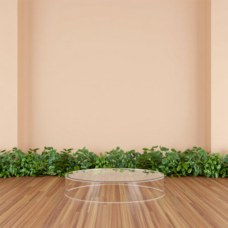 A serene and minimalist interior scene features a warm, neutral wall, a polished wooden floor, and a vibrant line of green plants. A circular platform sits centrally, inviting product display.の素材