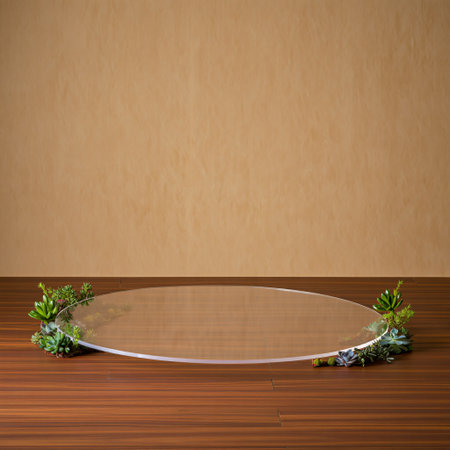 A sophisticated clear glass cake stand sits on a warm wooden table, adorned with delicate green foliage on either side, creating a natural and elegant presentation.の素材
